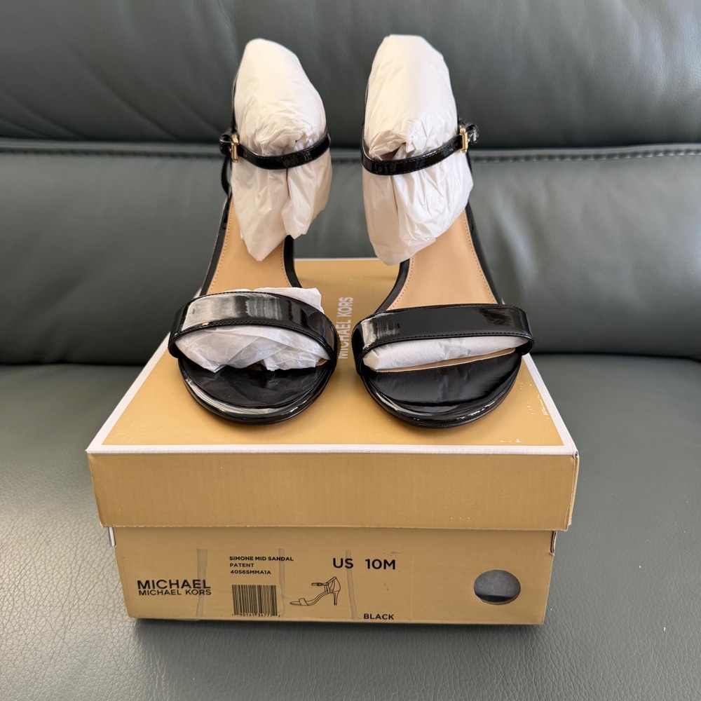 Michael Kors Simone Mid Sandal Black Patent Leather Stiletto Heels 10M